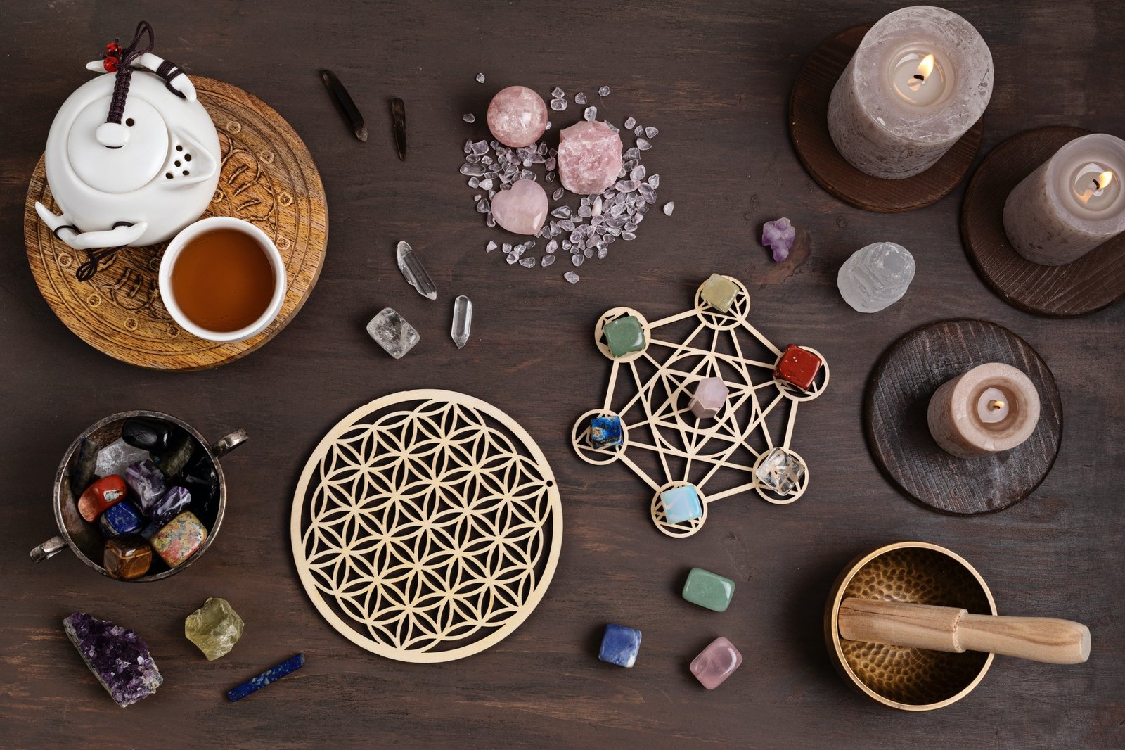 Healing chakra crystal grid therapy. Rituals with gemstones and aromatherapy for wellness, healing