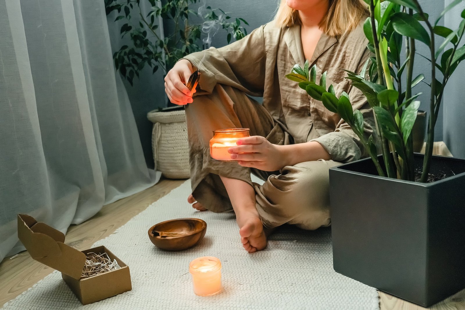 Wellness, spiritual practice with palo santo. Meditation and alternative therapy for mental